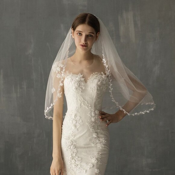 Wedding veil white bridal floral white pearls medium elbow length elegant new main image 4